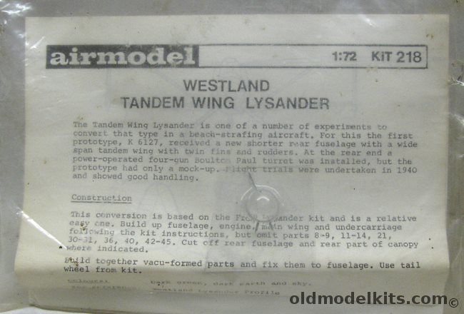 Airmodel 1/72 Westland Lysander Tandem Wing Conversion - Bagged, 218 plastic model kit